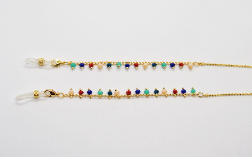 Goldene Brillenkette mit farbigen Perlen