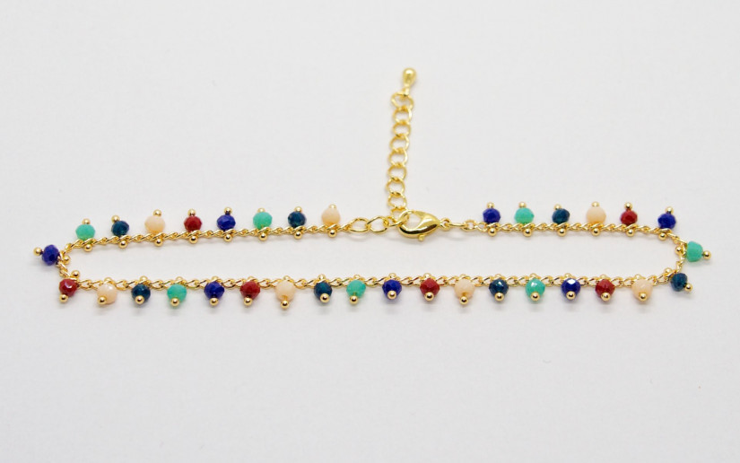 Goldene Fusskette mit farbigen Glas-Perlen