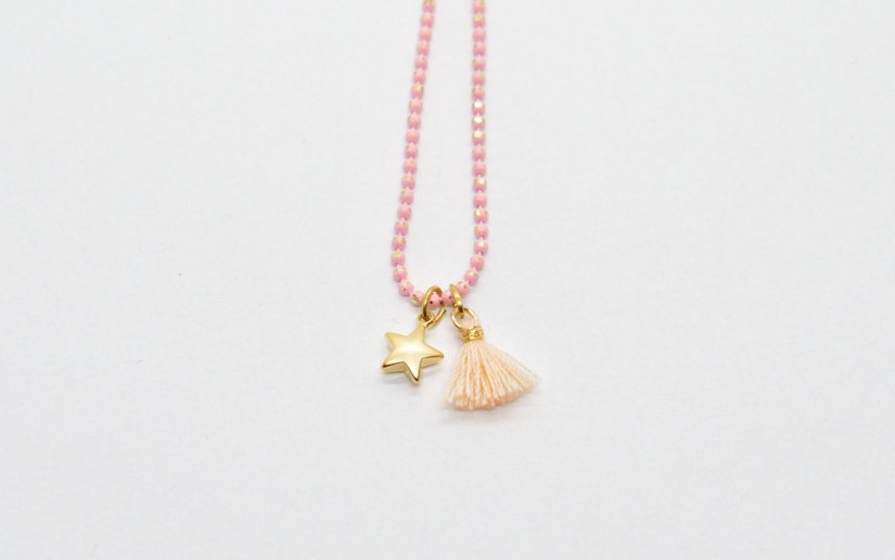 Rosa grosses Armband mit Sternchen und Baumwoll-Quaste