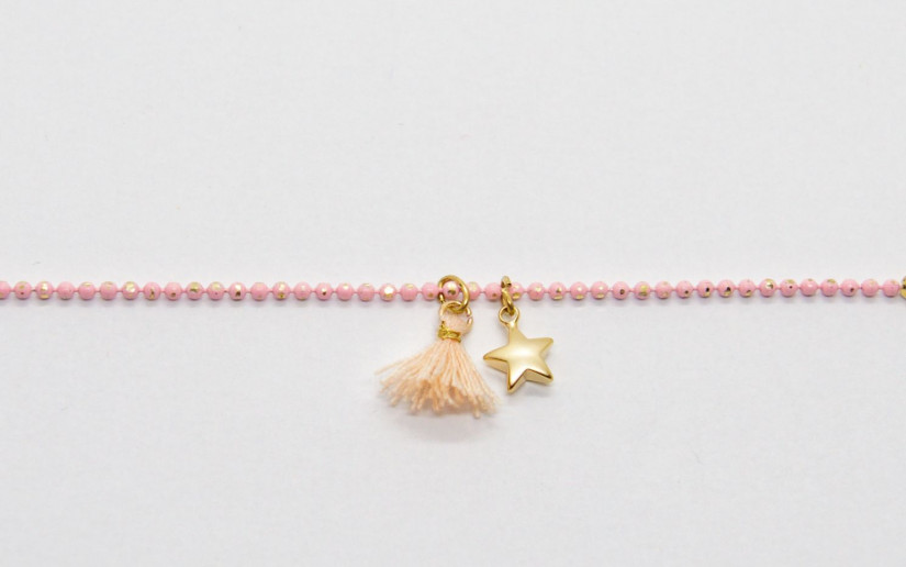 Rosa grosses Armband mit Sternchen und Baumwoll-Quaste