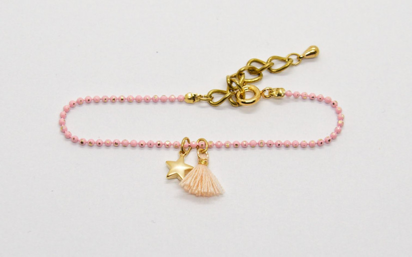 Rosa grosses Armband mit Sternchen und Baumwoll-Quaste